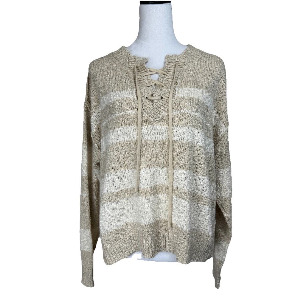 BKE Women's Sweater Sz M Tan White Long Sleeves‎ 1/4 Lace Up Boxy Boho